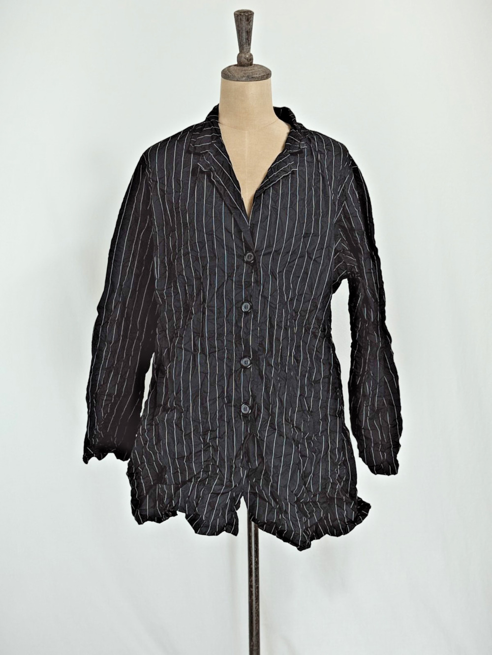 SUN KIM Comfy USA Jacket Black White Striped Boyfriend Shirt XL #0050